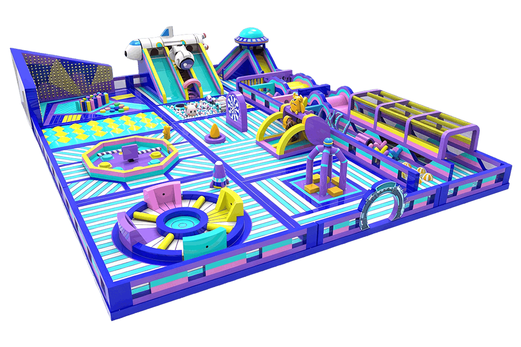 Space theme large indoor inflatable trampoline park render, commercial inflatable playground with airplane slide, ball pit, obstacle course, rotating amusement equipment, colorful inflatable fun park for shopping mall kids entertainment