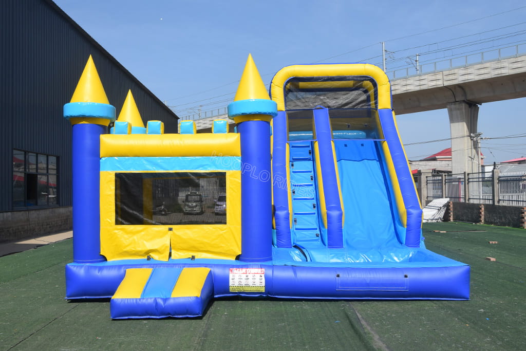 Front main view of blue yellow princess bounce house with pool slide combo, bright blue and yellow inflatable bouncy castle with water pool for backyard summer birthday events