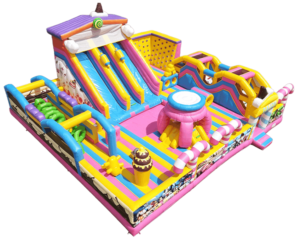 Colorful candy design giant inflatable fun park obstacle course mobile banner, commercial inflatable slide playground for kids indoor outdoor business use
