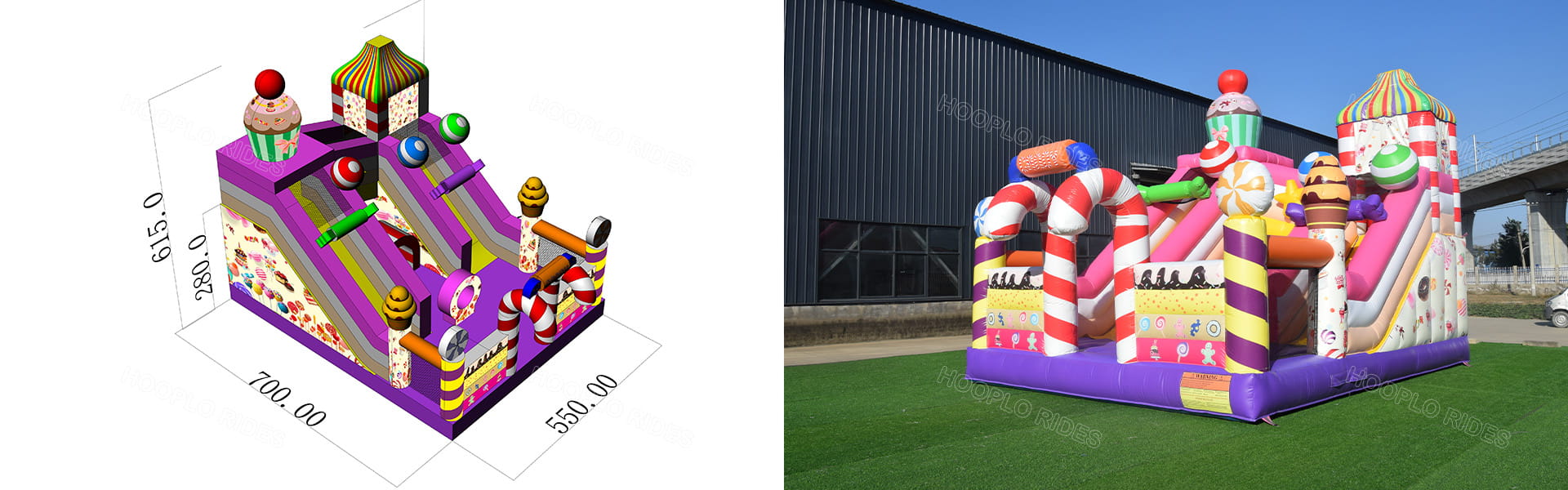 Custom Candy Themed Inflatable Bounce House with Slide Design - 3D Render and Finished Product