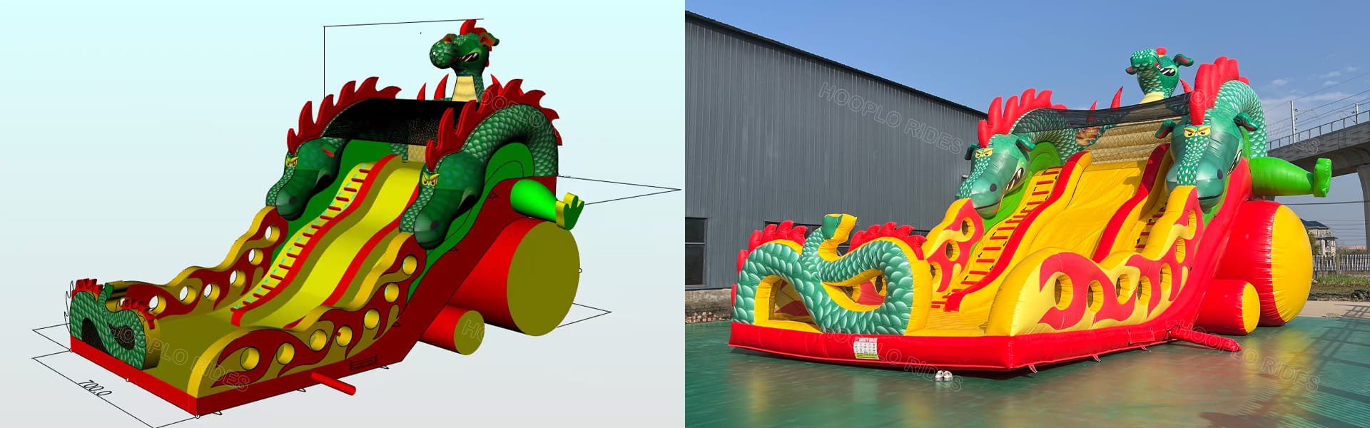 Custom Green Dragon Themed Inflatable Slide Design - 3D Render and Real Product Photo for Kids Playground