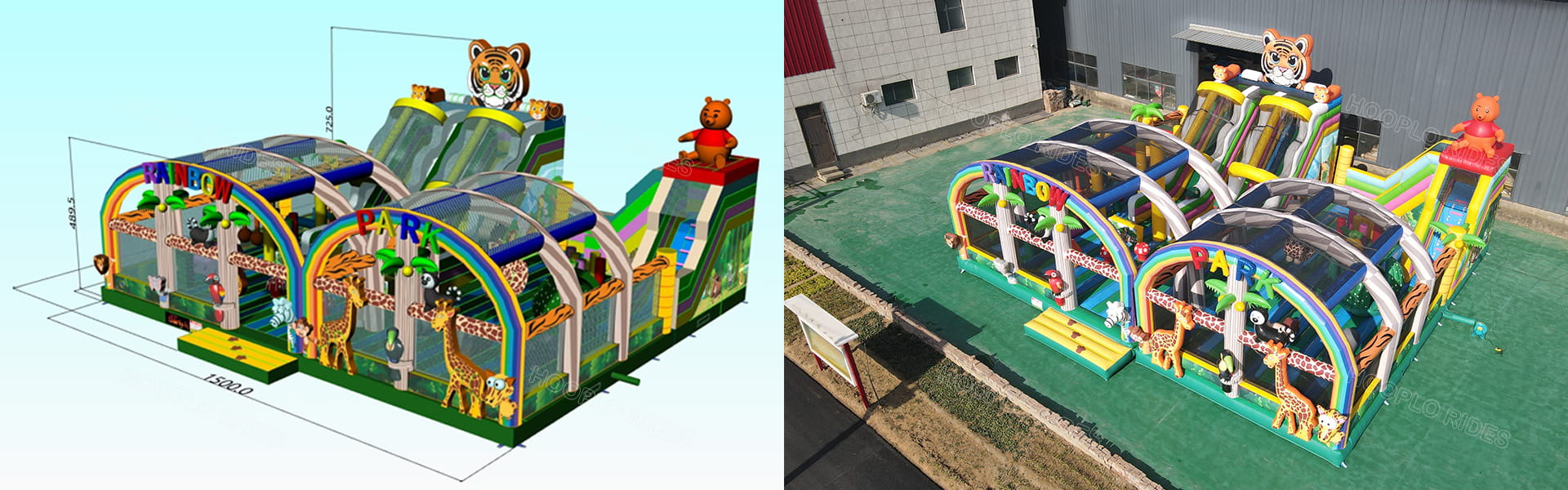 Custom Rainbow Jungle Inflatable Theme Park Design - 3D Render and Real Product Photo for Commercial Playground
