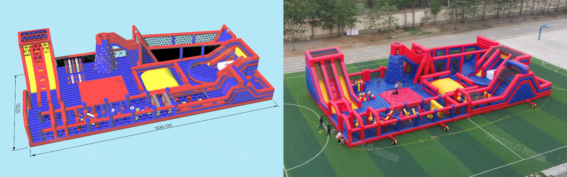 Custom Red Blue Inflatable Obstacle Course Park Design - 3D Render and Finished Product for Commercial Playground