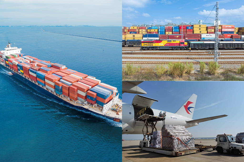 Multi-modal global shipping solutions for inflatable amusement equipment, featuring sea, rail, and air freight options