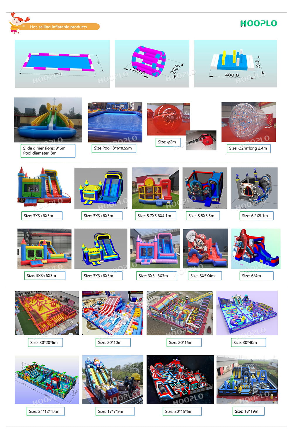 Hooplo hot-selling inflatable products catalog including bouncers, slides, pools and inflatable zorb balls for kids
