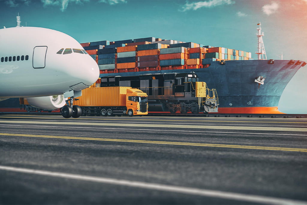 Multi-modal international freight transport including air cargo, sea container shipping and land truck delivery for inflatable playground equipment export logistics service