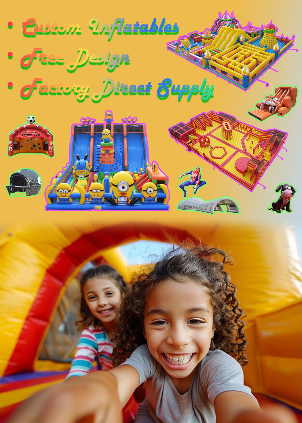 Mobile homepage banner featuring custom inflatable products, free design support, factory direct manufacturing, inflatable castles, slides and obstacle courses