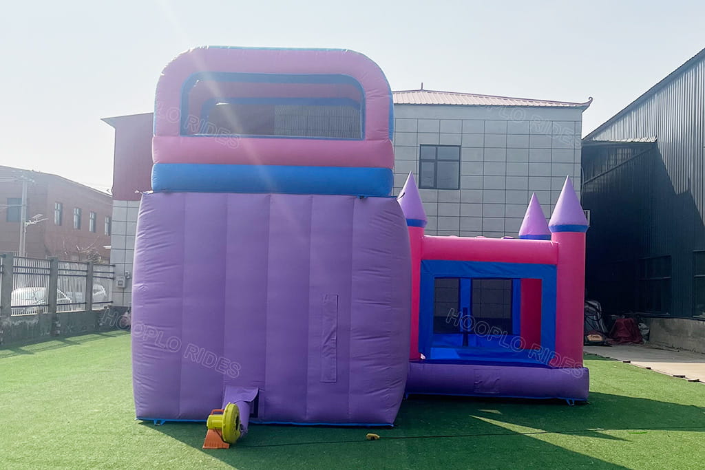 Rear back view of pink purple princess inflatable bounce house slide combo, full set equipped with air blower, pink purple outdoor kids play jumping castle