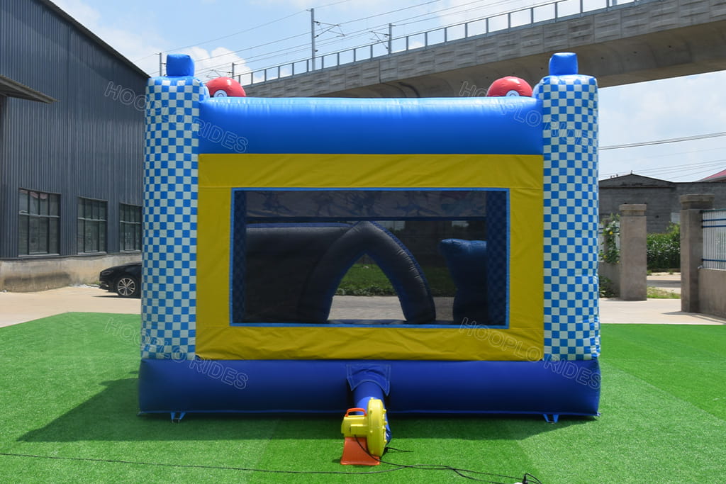 Blue checkered Pokemon Pikachu inflatable bounce house back side, large mesh window, equipped with electric air blower, outdoor kids party jumping castle