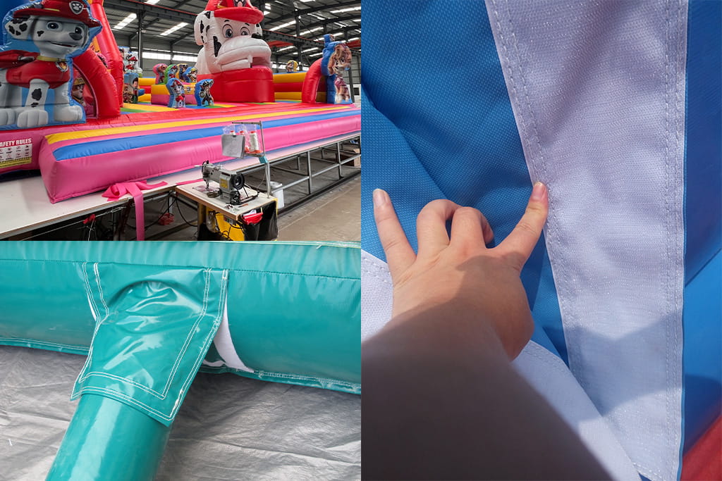Precision manufacturing process for inflatable products, showing accurate material cutting, double and triple reinforced stitching, and reinforced construction at stress points. High-quality production for durable commercial inflatables with proper dimensions, strong seams, and enhanced structural stability.