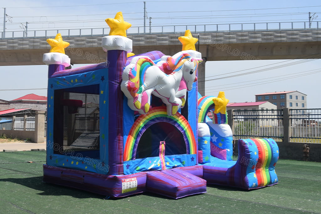 Left angle star unicorn inflatable bouncy castle with slide, printed star wall, 3D inflatable unicorn ornament, rainbow entry arch, commercial PVC jumping house