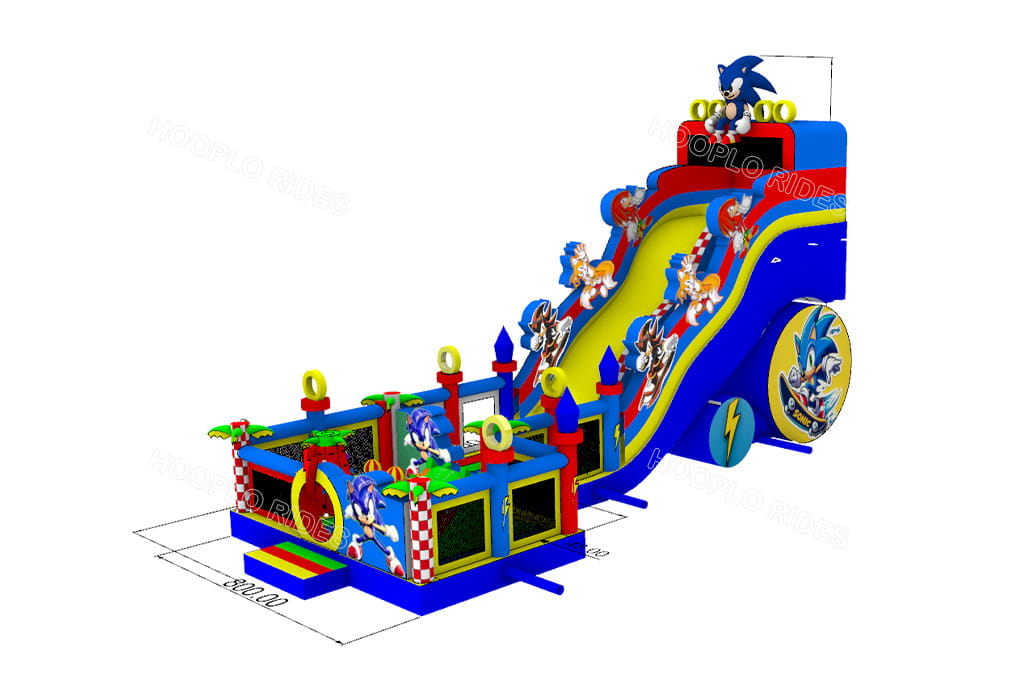 3D rendering of custom Sonic inflatable bounce slide, original design drawing approved by Belarus customer