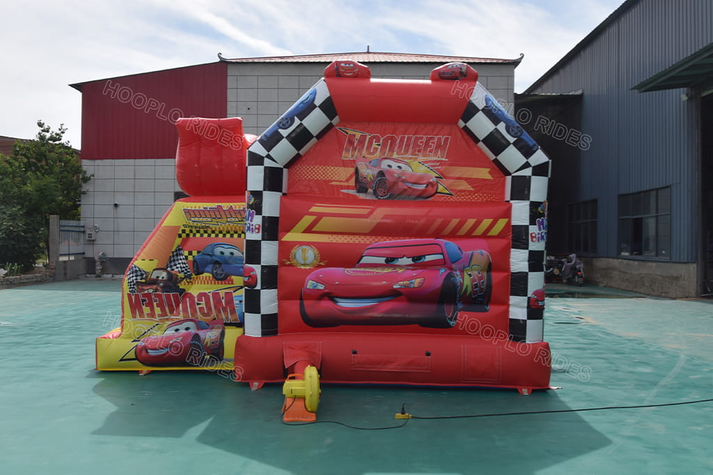 Cars Lightning McQueen themed inflatable bounce house with slide, commercial kids jumping castle for party rental, Hooplo Inflatables