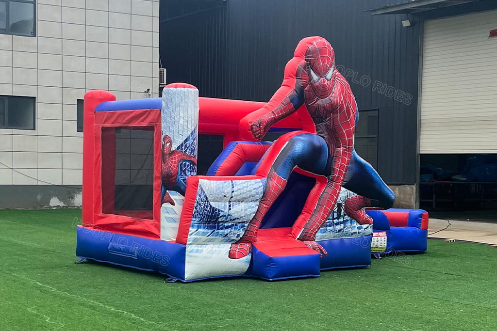 Front Side Angle City Tower Spider-Man Inflatable Bounce Combo With Slide, Skyscraper Graphic Pillars Heavy Duty PVC Kids Play Castle For Backyard Rental