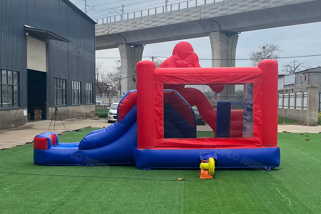 Hooplo 3D City Tower Spider-Man Inflatable Bounce House With Slide Back Mesh View, Kids Superhero Jumping Castle With Skyscraper Printed Pillars & Matching Air Blower
