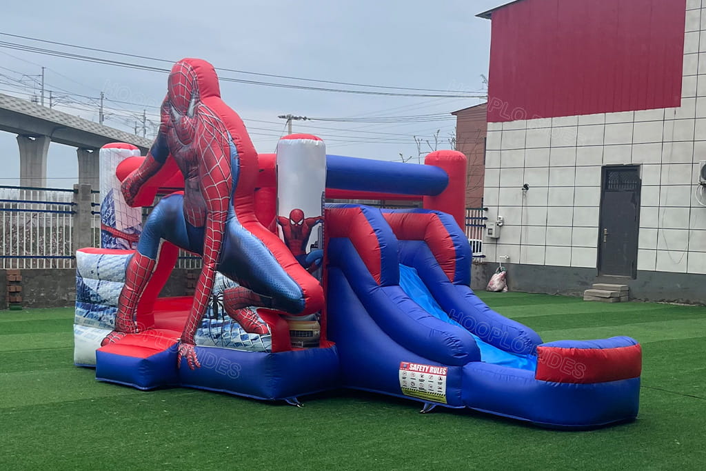 Full Side Profile View 3D City Tower Spider-Man Inflatable Bounce House With Slide, Skyscraper Printed Pillar Superhero Kids Inflatable Play Equipment