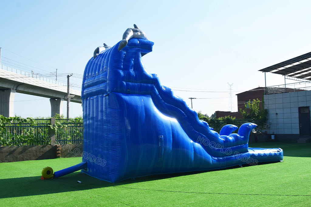 Side view dolphin wave inflatable water slide, commercial inflatable waterslide with built-in pool for rental business