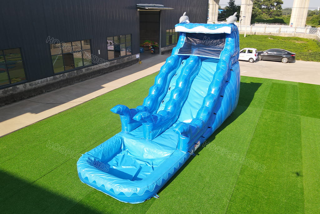 Aerial view dolphin wave inflatable water slide with pool, heavy duty commercial PVC inflatable waterslide for outdoor amusement