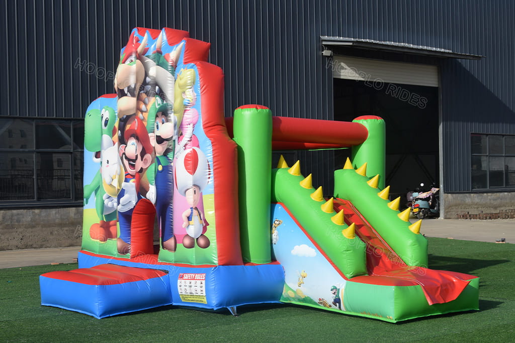 Full Side View Mario Inflatable Slide Bounce House Combo, Hooplo Outdoor Kids Cartoon Inflatable Play Castle With Single Slide