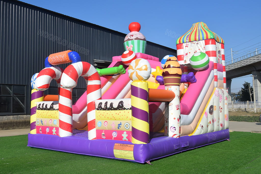 Big commercial Hooplo Candy Land Inflatable Bounce House, dual slide candy theme inflatable play house with fun obstacle sections for rental and birthday events
