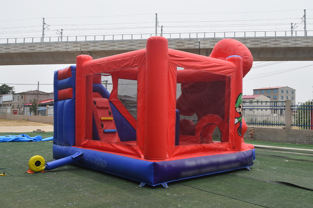 Inner Slide Side View Hooplo Mario Inflatable Bounce House, Safe Mesh Enclosed Kids Cartoon Jumping Castle For Backyard