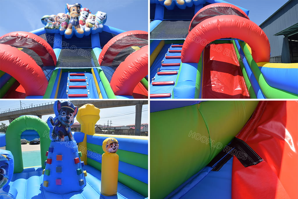 Internal details of Paw Patrol inflatable obstacle course with slide, climbing ladder, obstacle pillars and tunnel for kids amusement, Hooplo Inflatables