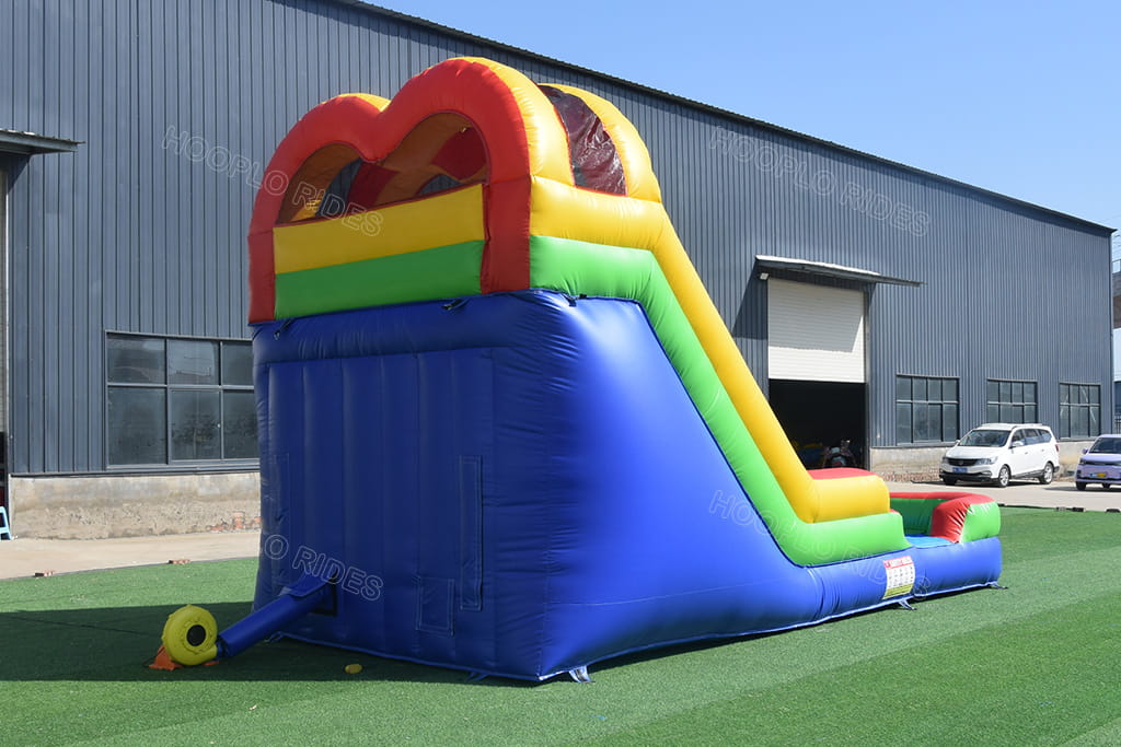 Hooplo Rainbow Heart Top Inflatable Water Slide Back Side View, Colorful Heart Arch Kids Commercial Water Slide With Matching Electric Air Blower