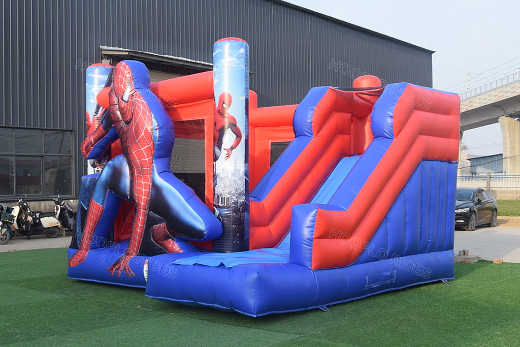 Full Slide Side View 3D Spider-Man Inflatable Bounce House, Safety Mesh Enclosed Superhero Themed Kids Inflatable Play Equipment