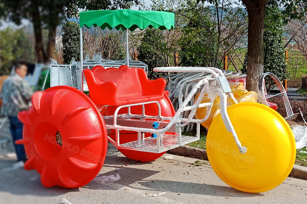 Mixed red yellow PE polyethylene floating wheel water tricycle with green canopy, Hooplo tourist water bike fit fresh water & sea environment