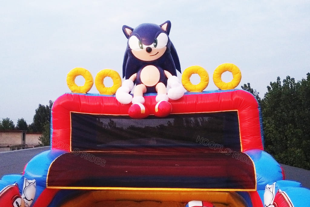 Inflatable Sonic figure after design modification on custom inflatable slide, second inflation test with fully inflated decoration