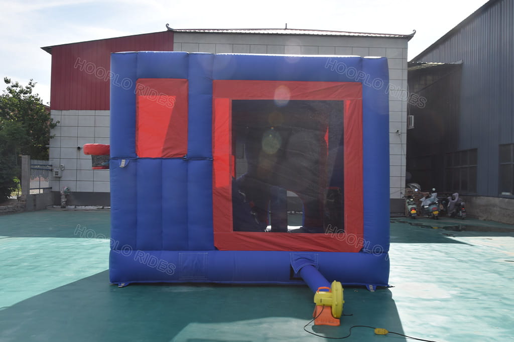 Sonic inflatable bounce house back view with air blower, blue red mesh safety window commercial inflatable jumper castle