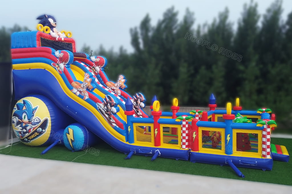 Sonic hedgehog themed inflatable obstacle slide playground, commercial inflatable obstacle course combo for amusement park, carnival rental business