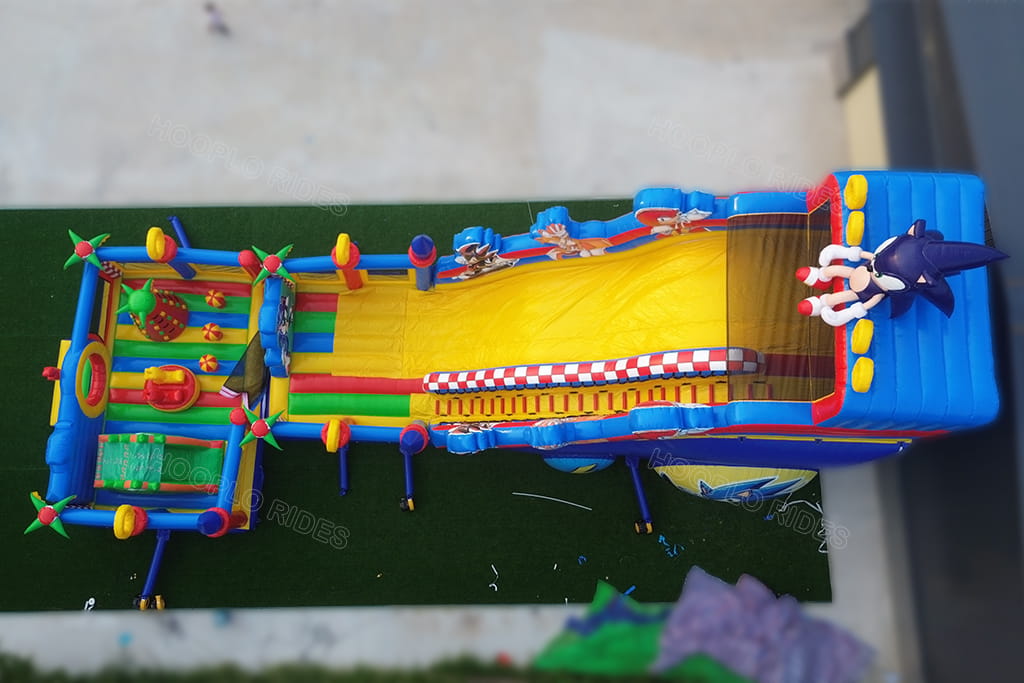Top aerial view of Sonic inflatable obstacle course slide combo, long inflatable race playground with slide and multi obstacle game area