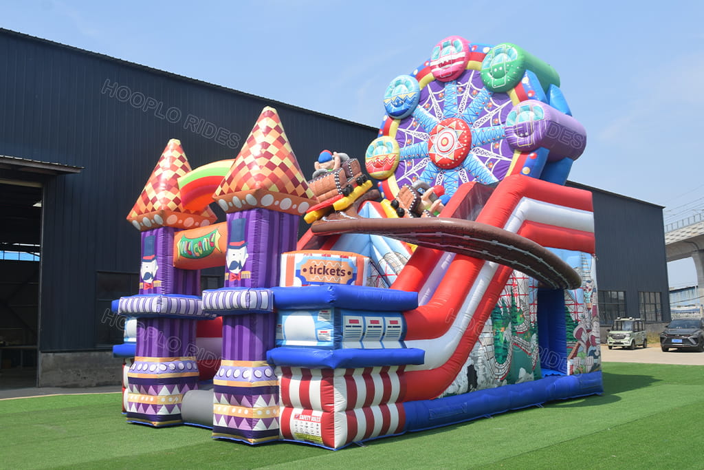 Wide shot carnival ferris wheel inflatable bounce house with slide, large outdoor inflatable bouncy castle for rental business
