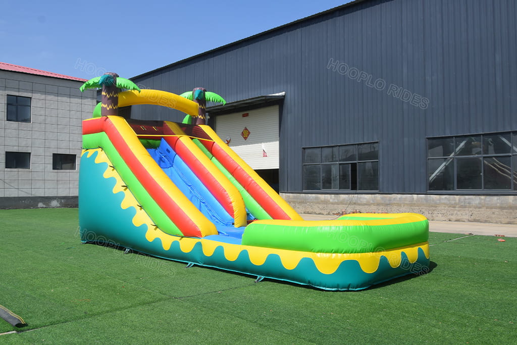 Commercial coconut tree themed inflatable water slide 45‑degree side view, outdoor summer inflatable water amusement equipment