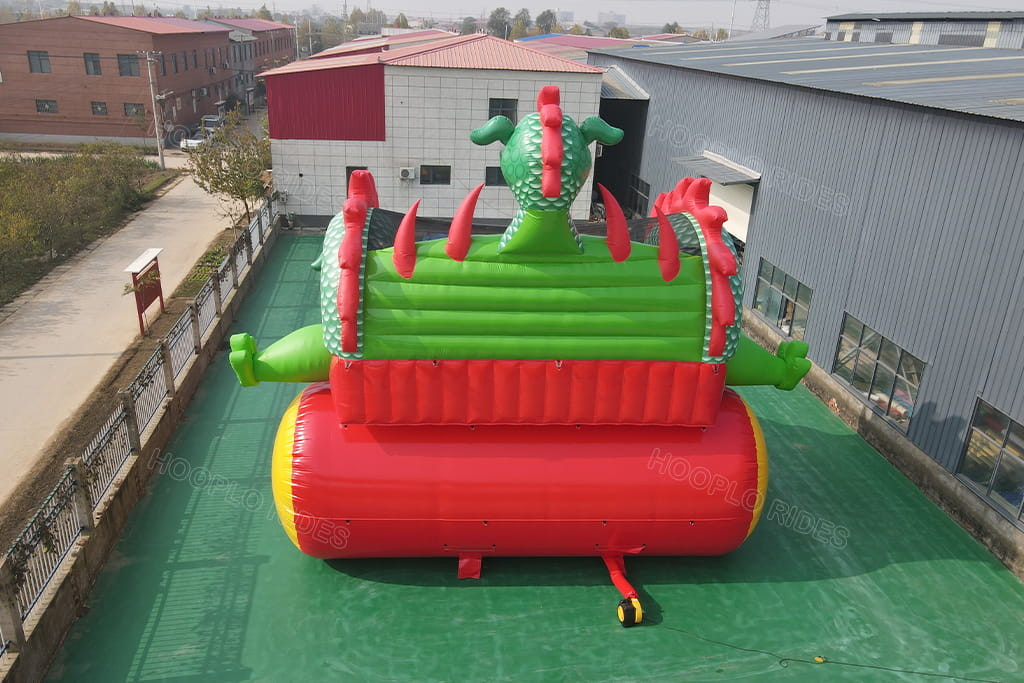 Dragon themed dual‑lane inflatable slide back view, heavy‑duty commercial inflatable dry slide rear structure