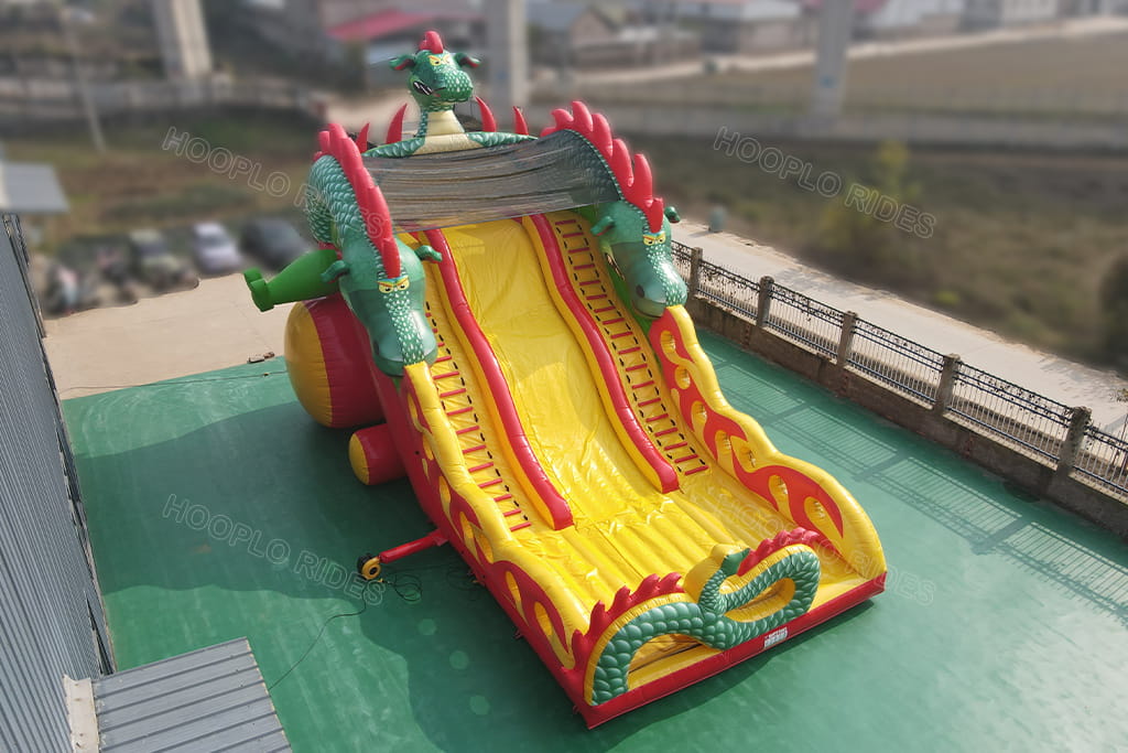 Vivid dragon themed dual‑lane commercial inflatable slide, heavy‑duty outdoor inflatable playground equipment for rental business