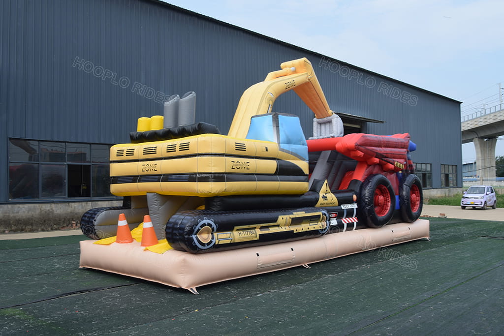 Excavator dump truck inflatable obstacle course side view, construction zone themed commercial inflatable play equipment