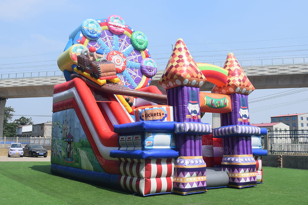 Side view commercial ferris wheel inflatable bounce house combo with slide, fairground theme inflatable playground on artificial turf