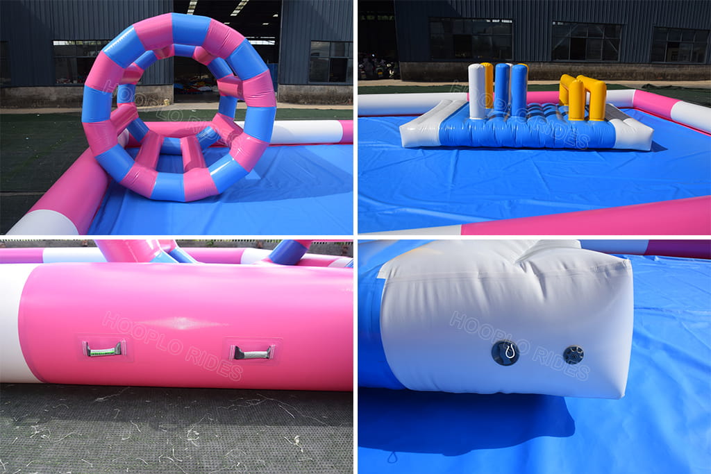 Close-up details of pink white inflatable water obstacle pool, floating inflatable water wheel and aqua obstacle parts, reinforced handles and air valves