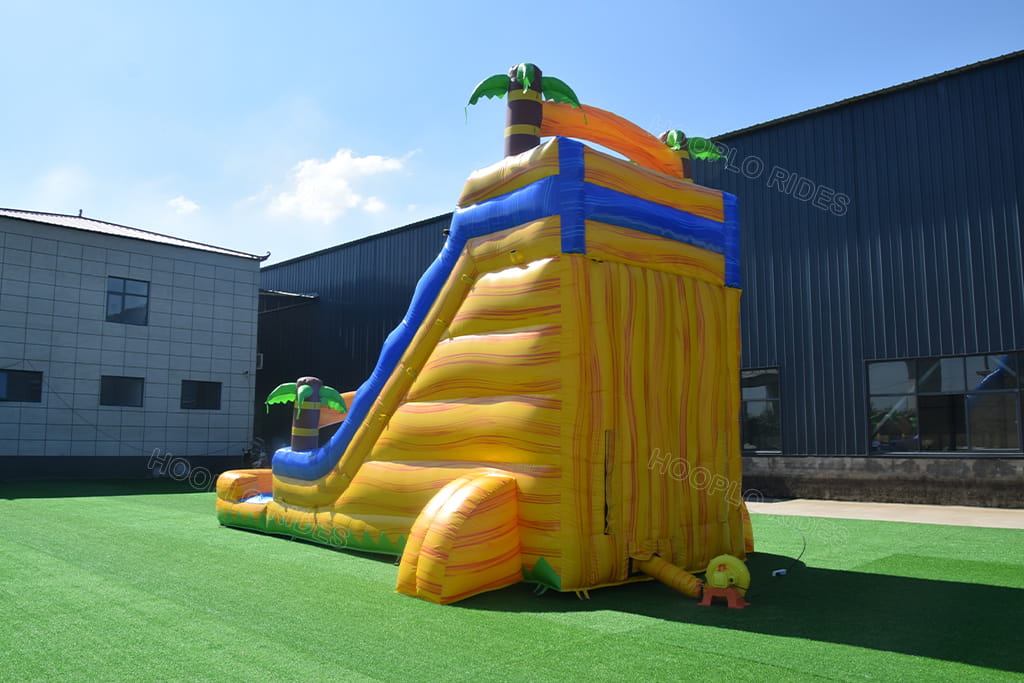Rear view palm tree inflatable water slide, thickened PVC back panel with air blower connection